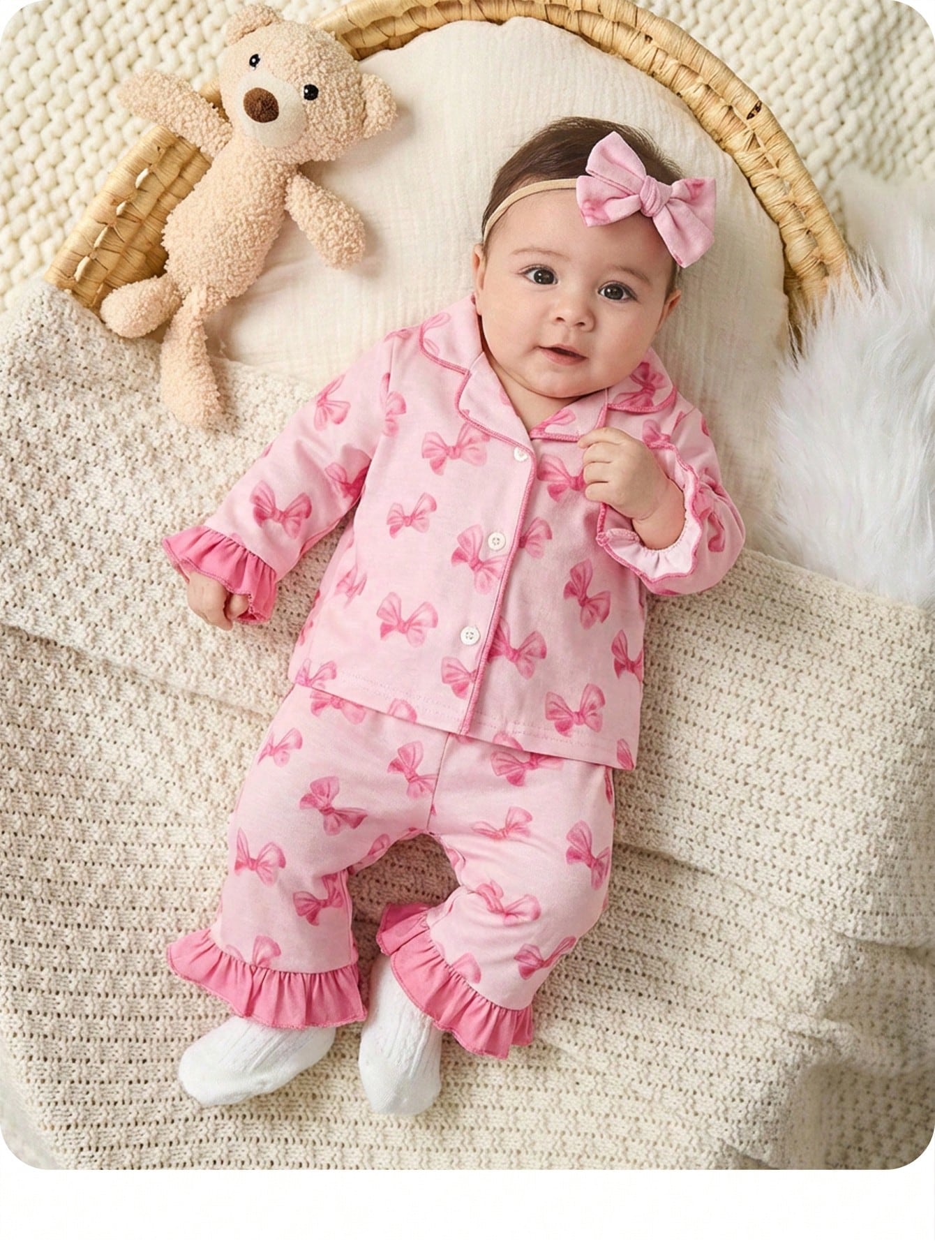 Adorably Cute Newborn Baby Boy Button Up Bear Print Long Sleeve Top And Pants Soft Sleepwear Comfortable Pajama Set Neutral