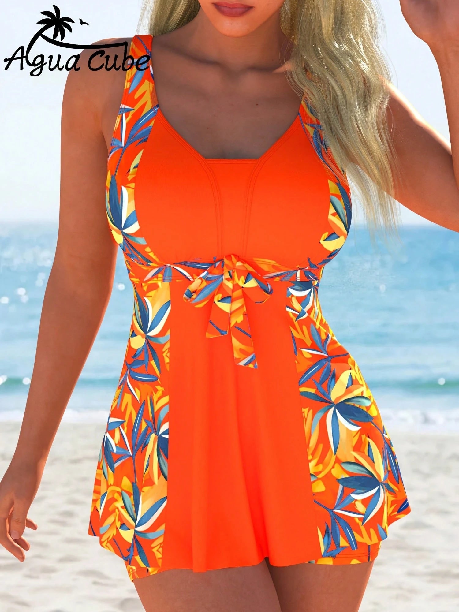 AguaCube Beach Tankini Set Elegant And Mature Women's Fashion Casual Vacation Plant Print Bright Color Tankini Set For Beach