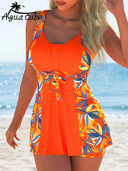 AguaCube Beach Tankini Set Elegant And Mature Women's Fashion Casual Vacation Plant Print Bright Color Tankini Set For Beach