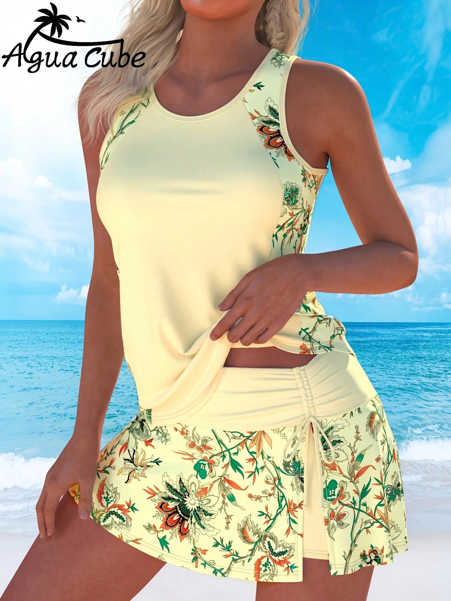 AguaCube Summer Beach Elegant Mature Ladies Bright Color Flower Print Design Short Skirt Beach Vacation Tankini Set