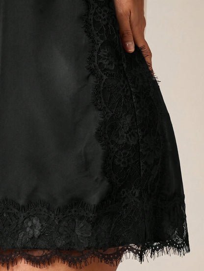 AiiRZ Satin Mini Dress With Contrast Black Lace Trim Eyelash Detailing Strapless Bodycon Evening Party Date Night Summer Feminine Elegant Wedding Guest