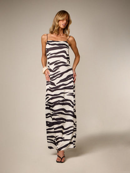 AiiRZ Zebra Print Square Neck Maxi Dress With Thin Straps Sleeveless Animal Print Floor Length Summer Vacation Beach Resort Sundress
