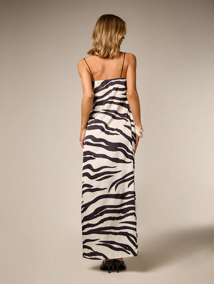 AiiRZ Zebra Print Square Neck Maxi Dress With Thin Straps Sleeveless Animal Print Floor Length Summer Vacation Beach Resort Sundress