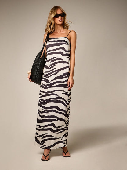 AiiRZ Zebra Print Square Neck Maxi Dress With Thin Straps Sleeveless Animal Print Floor Length Summer Vacation Beach Resort Sundress