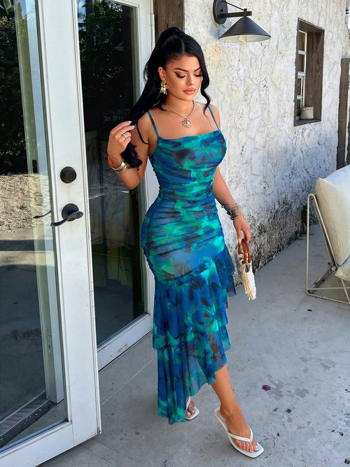 AIJ Women's Blue Tie-Dye Print Elegant Sexy Fashion Pleated Backless Layered Ruffle Asymmetrical Mid-Length Dress, Suitable For Summer Spring Party Vacation Wedding Guest Beach Graduation Spring Break