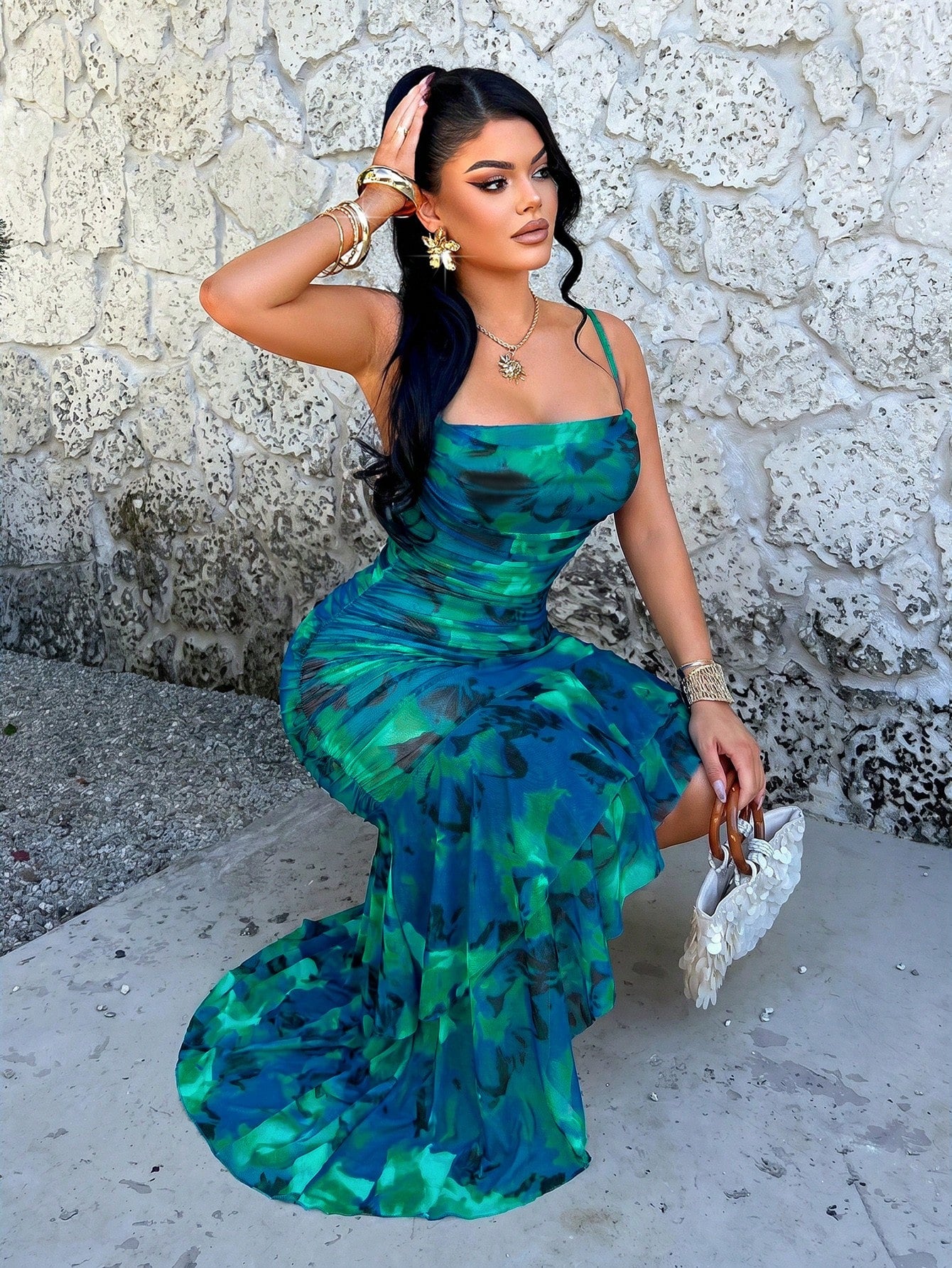 AIJ Women's Blue Tie-Dye Print Elegant Sexy Fashion Pleated Backless Layered Ruffle Asymmetrical Mid-Length Dress, Suitable For Summer Spring Party Vacation Wedding Guest Beach Graduation Spring Break