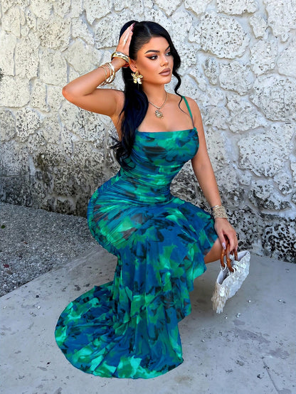 AIJ Women's Blue Tie-Dye Print Elegant Sexy Fashion Pleated Backless Layered Ruffle Asymmetrical Mid-Length Dress, Suitable For Summer Spring Party Vacation Wedding Guest Beach Graduation Spring Break