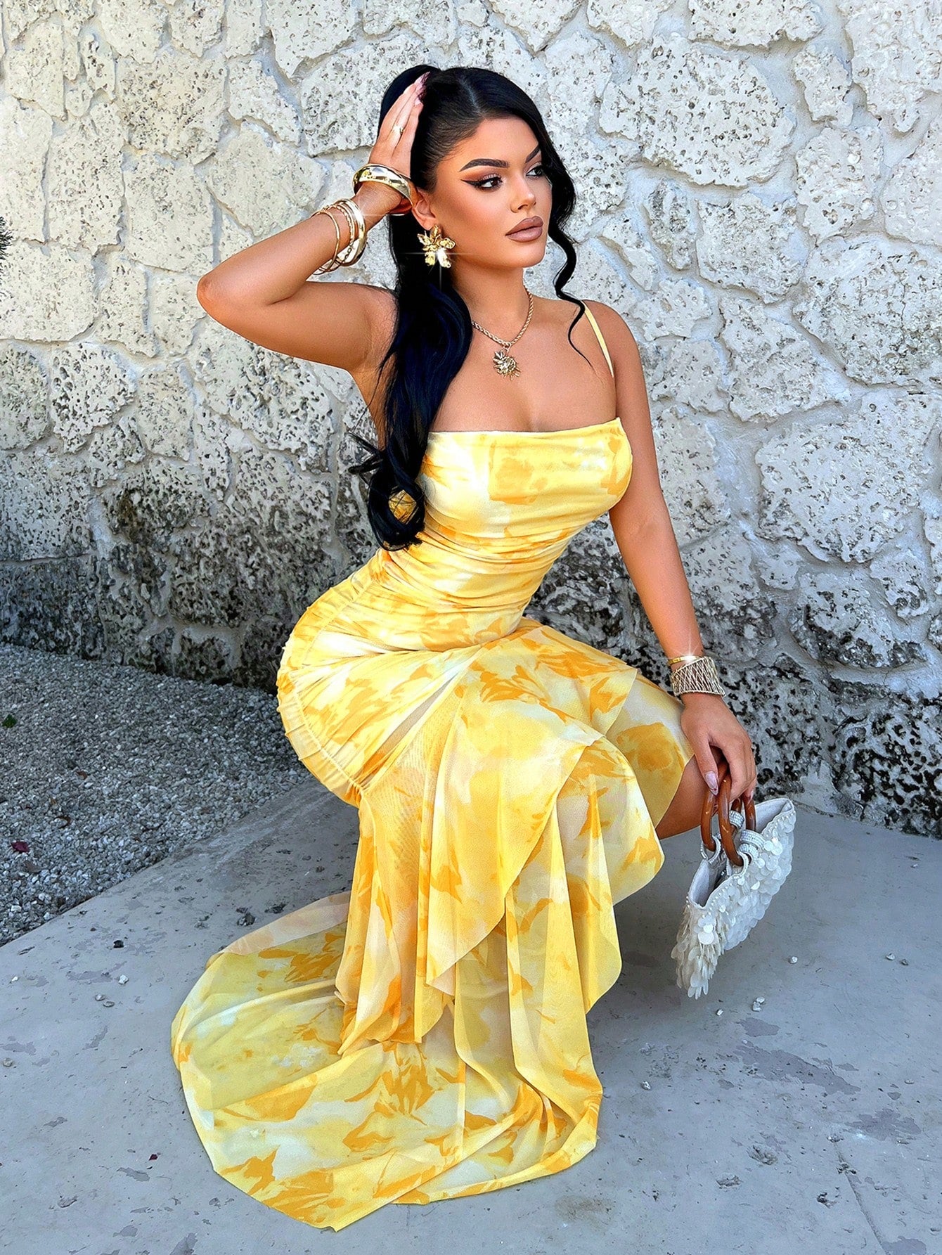 AIJ Women's Blue Tie-Dye Print Elegant Sexy Fashion Pleated Backless Layered Ruffle Asymmetrical Mid-Length Dress, Suitable For Summer Spring Party Vacation Wedding Guest Beach Graduation Spring Break