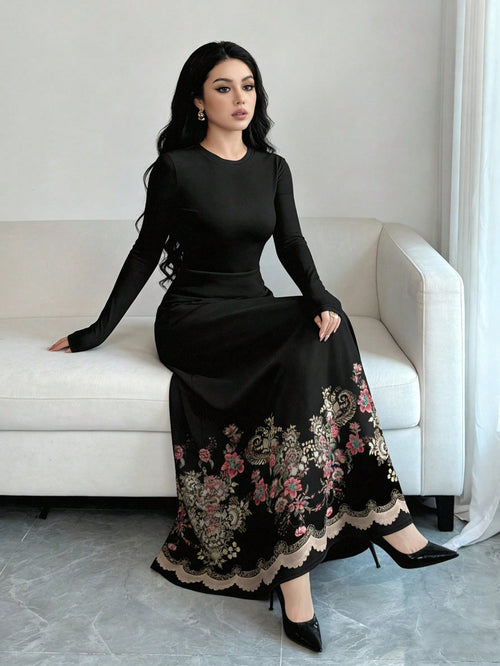 Al Najma Floral & Print Black Crew Neck Long Sleeve A-Line Maxi Dress, Spring Waist Cinched Design For Women