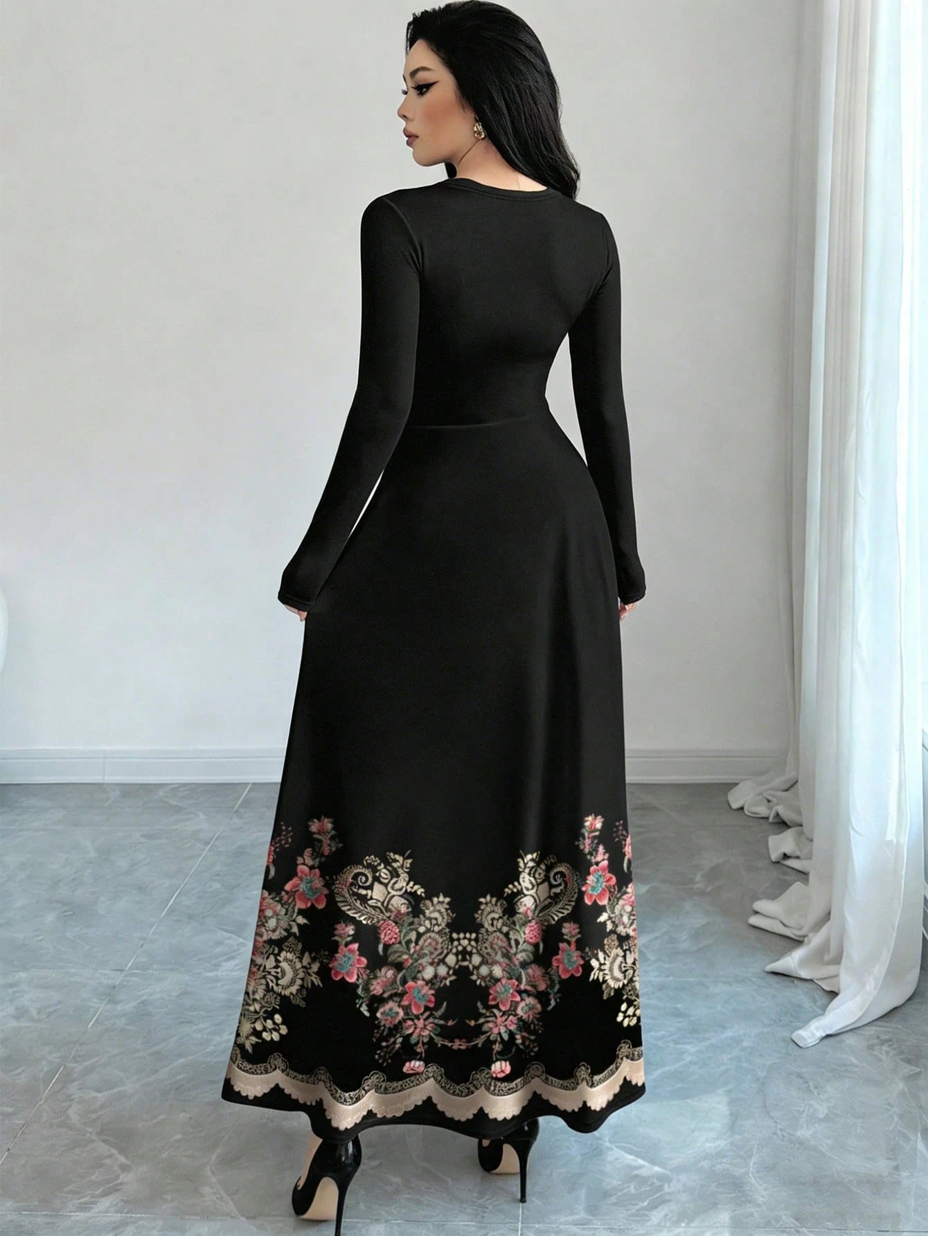 Al Najma Floral & Print Black Crew Neck Long Sleeve A-Line Maxi Dress, Spring Waist Cinched Design For Women