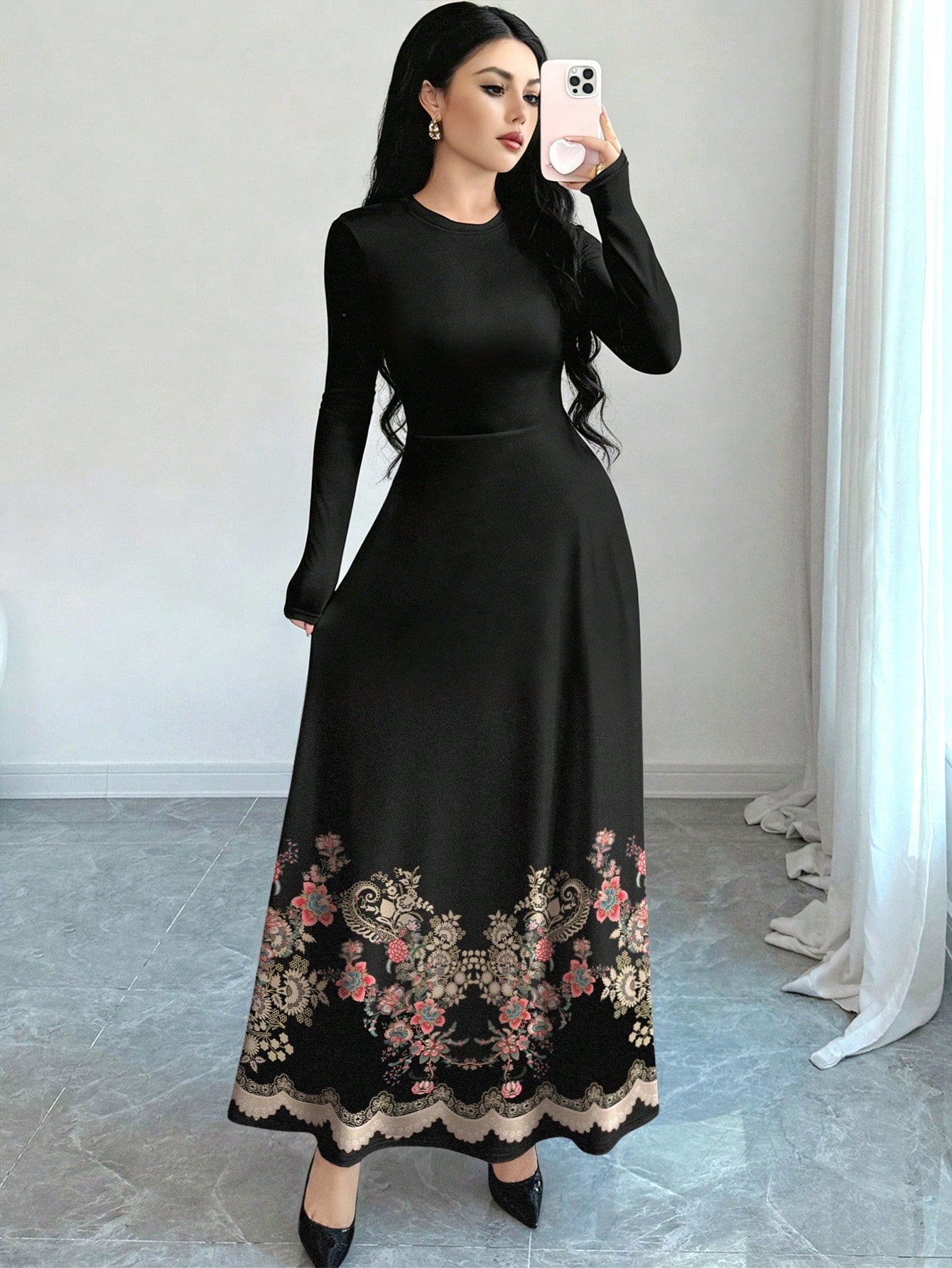 Al Najma Floral & Print Black Crew Neck Long Sleeve A-Line Maxi Dress, Spring Waist Cinched Design For Women