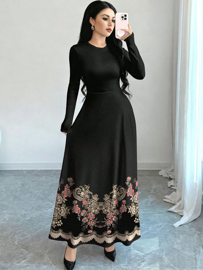 Al Najma Floral & Print Black Crew Neck Long Sleeve A-Line Maxi Dress, Spring Waist Cinched Design For Women