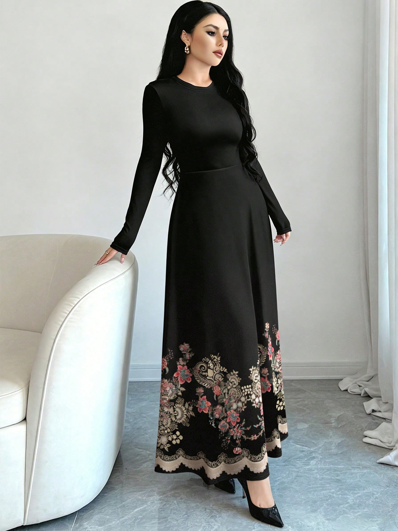 Al Najma Floral & Print Black Crew Neck Long Sleeve A-Line Maxi Dress, Spring Waist Cinched Design For Women