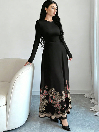 Al Najma Floral & Print Black Crew Neck Long Sleeve A-Line Maxi Dress, Spring Waist Cinched Design For Women