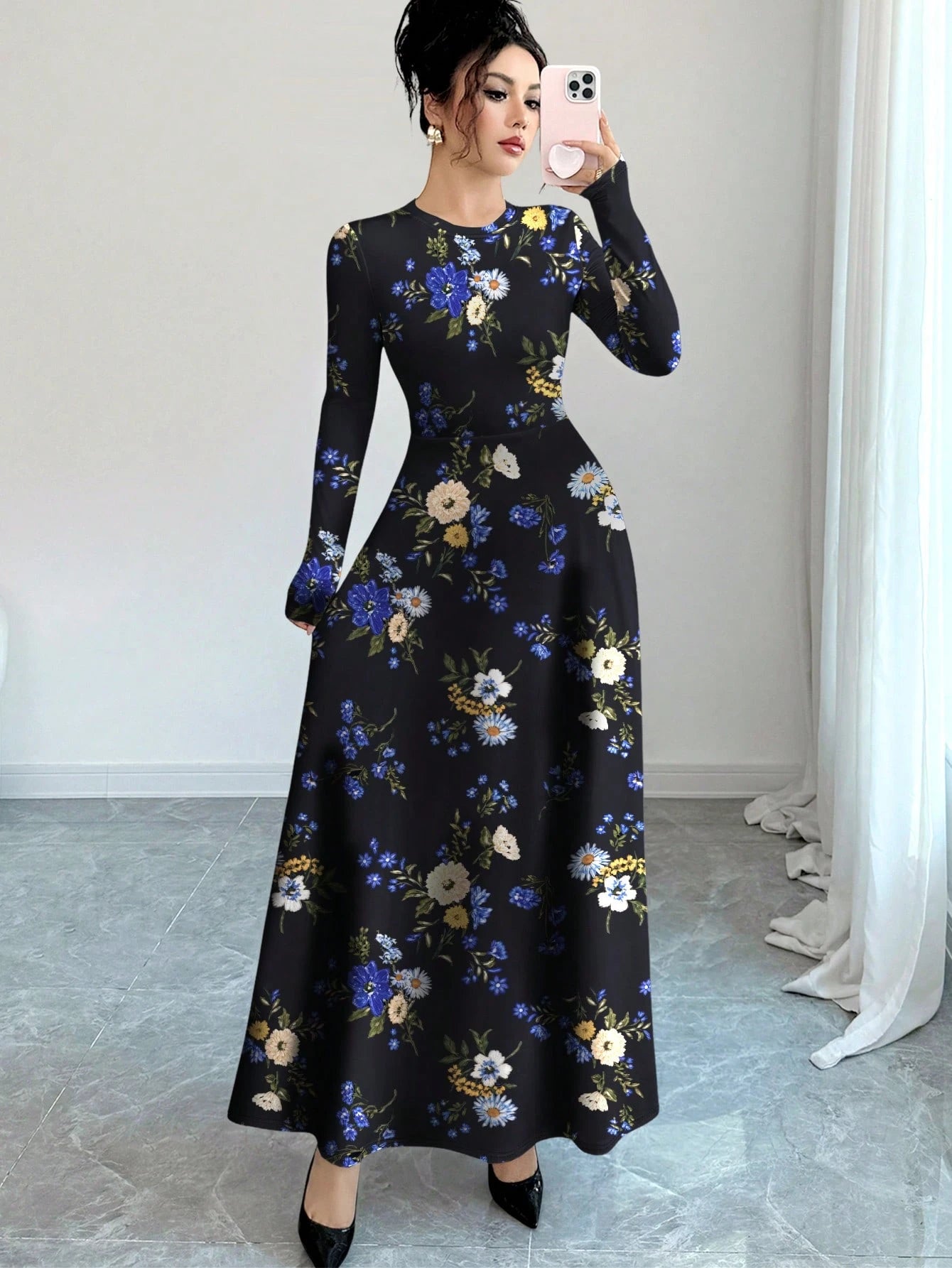 Al Najma Floral & Print Black Crew Neck Long Sleeve A-Line Maxi Dress, Spring Waist Cinched Design For Women