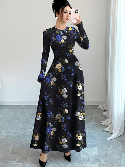 Al Najma Floral & Print Black Crew Neck Long Sleeve A-Line Maxi Dress, Spring Waist Cinched Design For Women