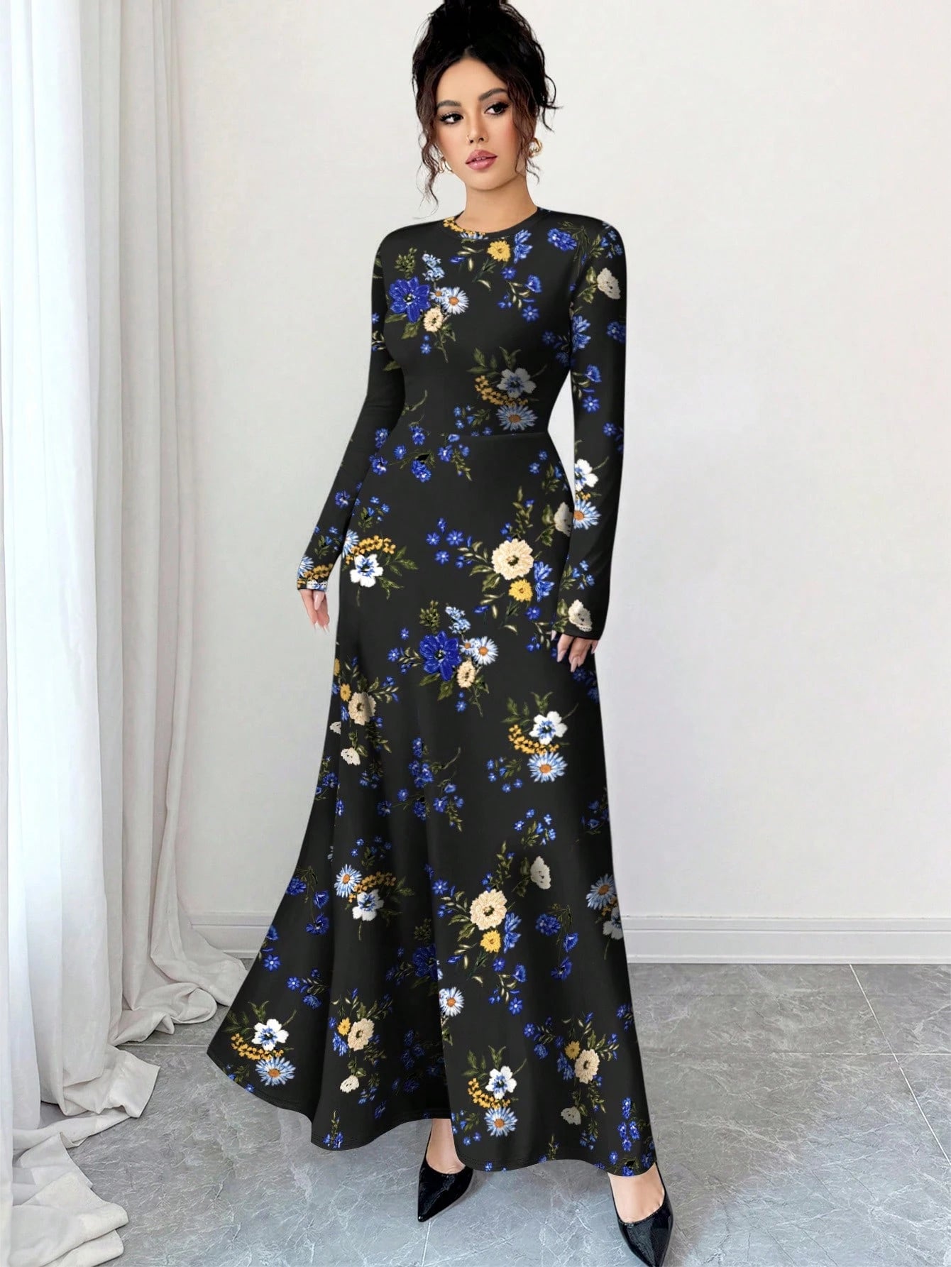 Al Najma Floral & Print Black Crew Neck Long Sleeve A-Line Maxi Dress, Spring Waist Cinched Design For Women
