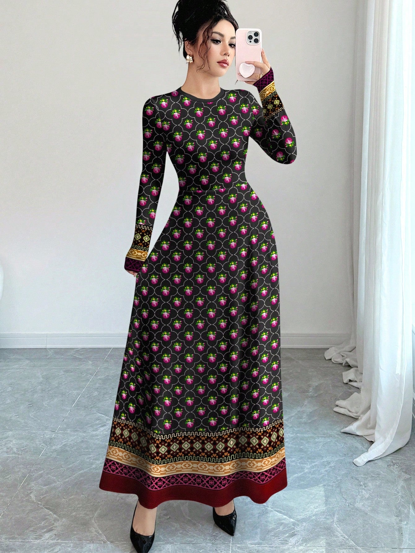 Al Najma Floral & Print Black Crew Neck Long Sleeve A-Line Maxi Dress, Spring Waist Cinched Design For Women