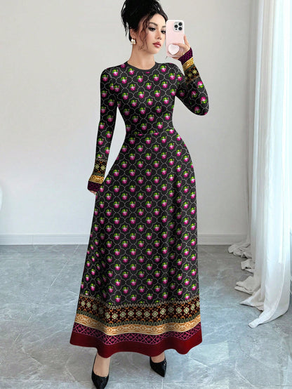 Al Najma Floral & Print Black Crew Neck Long Sleeve A-Line Maxi Dress, Spring Waist Cinched Design For Women
