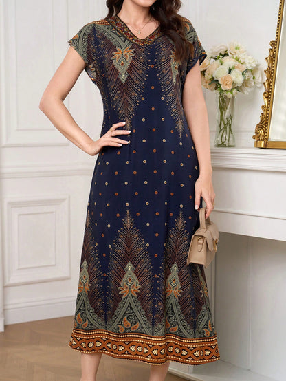Al Najma Women's Summer Casual Boho Vintage Arabic Print Dress Vacation Navy Blue Floral