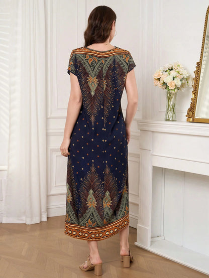 Al Najma Women's Summer Casual Boho Vintage Arabic Print Dress Vacation Navy Blue Floral