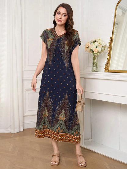 Al Najma Women's Summer Casual Boho Vintage Arabic Print Dress Vacation Navy Blue Floral
