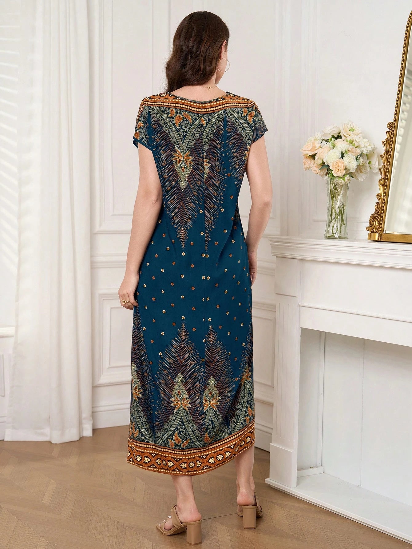 Al Najma Women's Summer Casual Boho Vintage Arabic Print Dress Vacation Navy Blue Floral