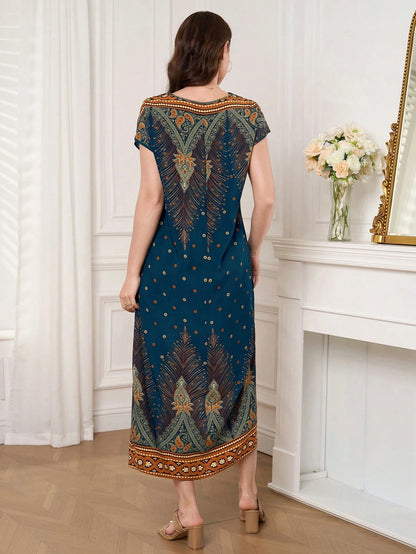 Al Najma Women's Summer Casual Boho Vintage Arabic Print Dress Vacation Navy Blue Floral