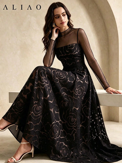 ALIAO Summer Elegant Jacquard Patchwork Tulle Long Sleeve Dress, Vintage Palace Style Dress Black