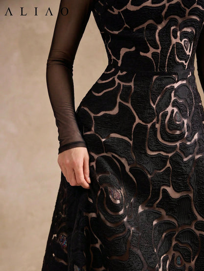 ALIAO Summer Elegant Jacquard Patchwork Tulle Long Sleeve Dress, Vintage Palace Style Dress Black