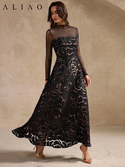 ALIAO Summer Elegant Jacquard Patchwork Tulle Long Sleeve Dress, Vintage Palace Style Dress Black