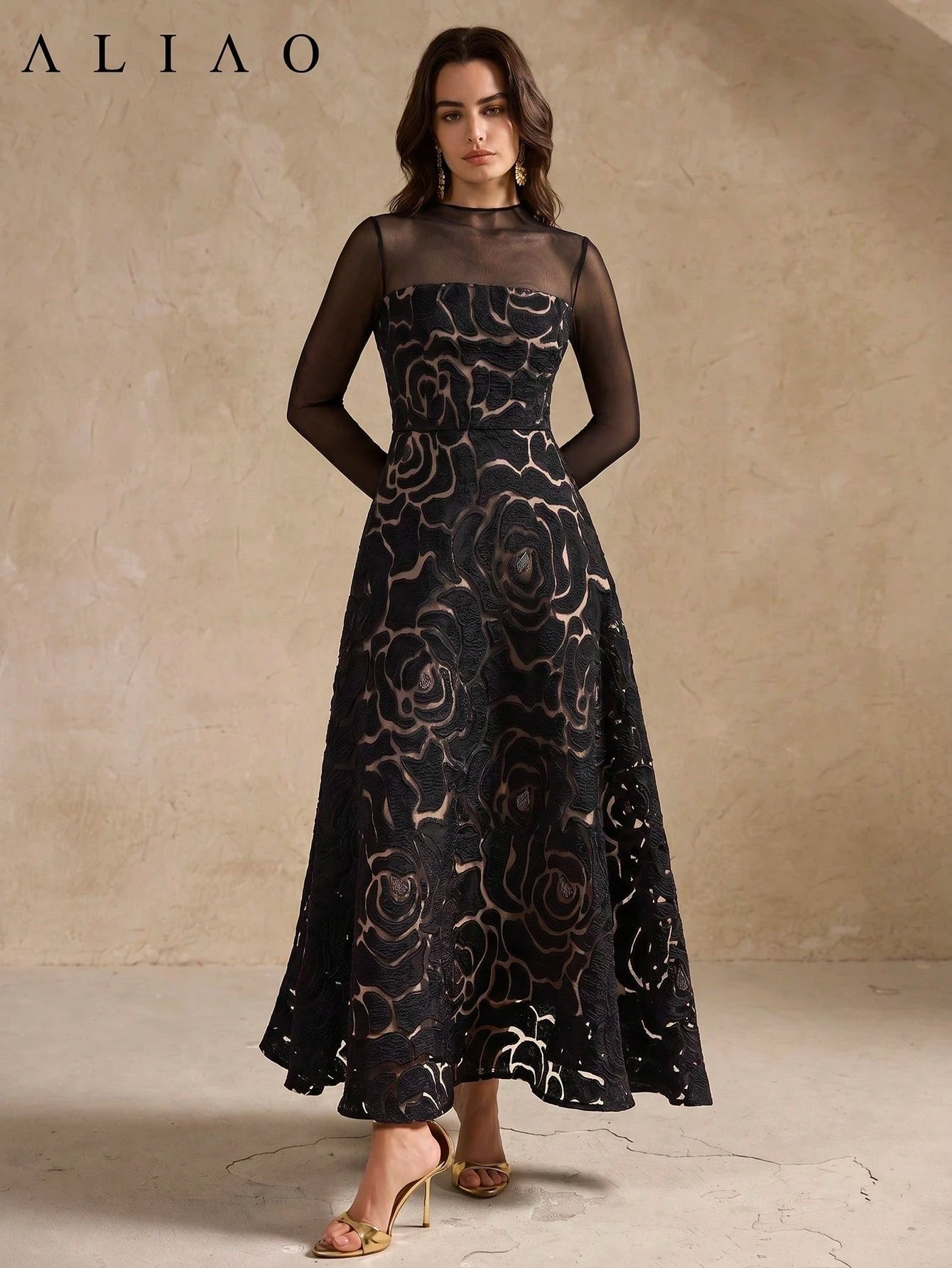 ALIAO Summer Elegant Jacquard Patchwork Tulle Long Sleeve Dress, Vintage Palace Style Dress Black