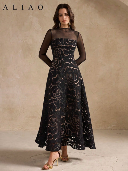 ALIAO Summer Elegant Jacquard Patchwork Tulle Long Sleeve Dress, Vintage Palace Style Dress Black