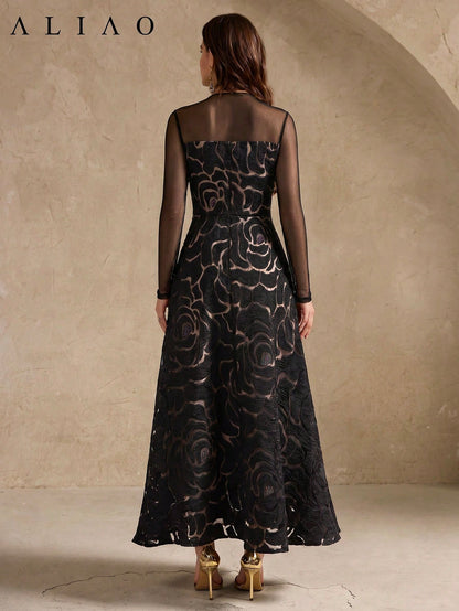 ALIAO Summer Elegant Jacquard Patchwork Tulle Long Sleeve Dress, Vintage Palace Style Dress Black