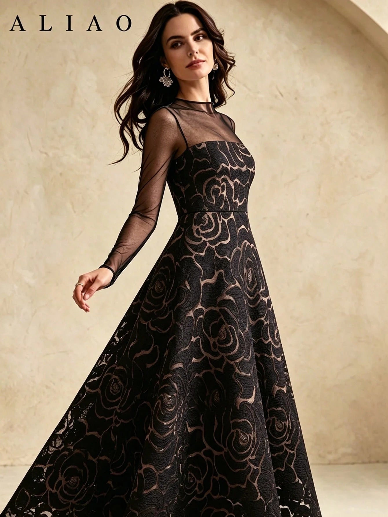 ALIAO Summer Elegant Jacquard Patchwork Tulle Long Sleeve Dress, Vintage Palace Style Dress Black
