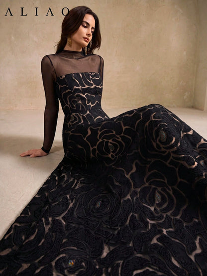 ALIAO Summer Elegant Jacquard Patchwork Tulle Long Sleeve Dress, Vintage Palace Style Dress Black