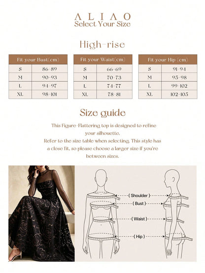 ALIAO Summer Elegant Jacquard Patchwork Tulle Long Sleeve Dress, Vintage Palace Style Dress Black