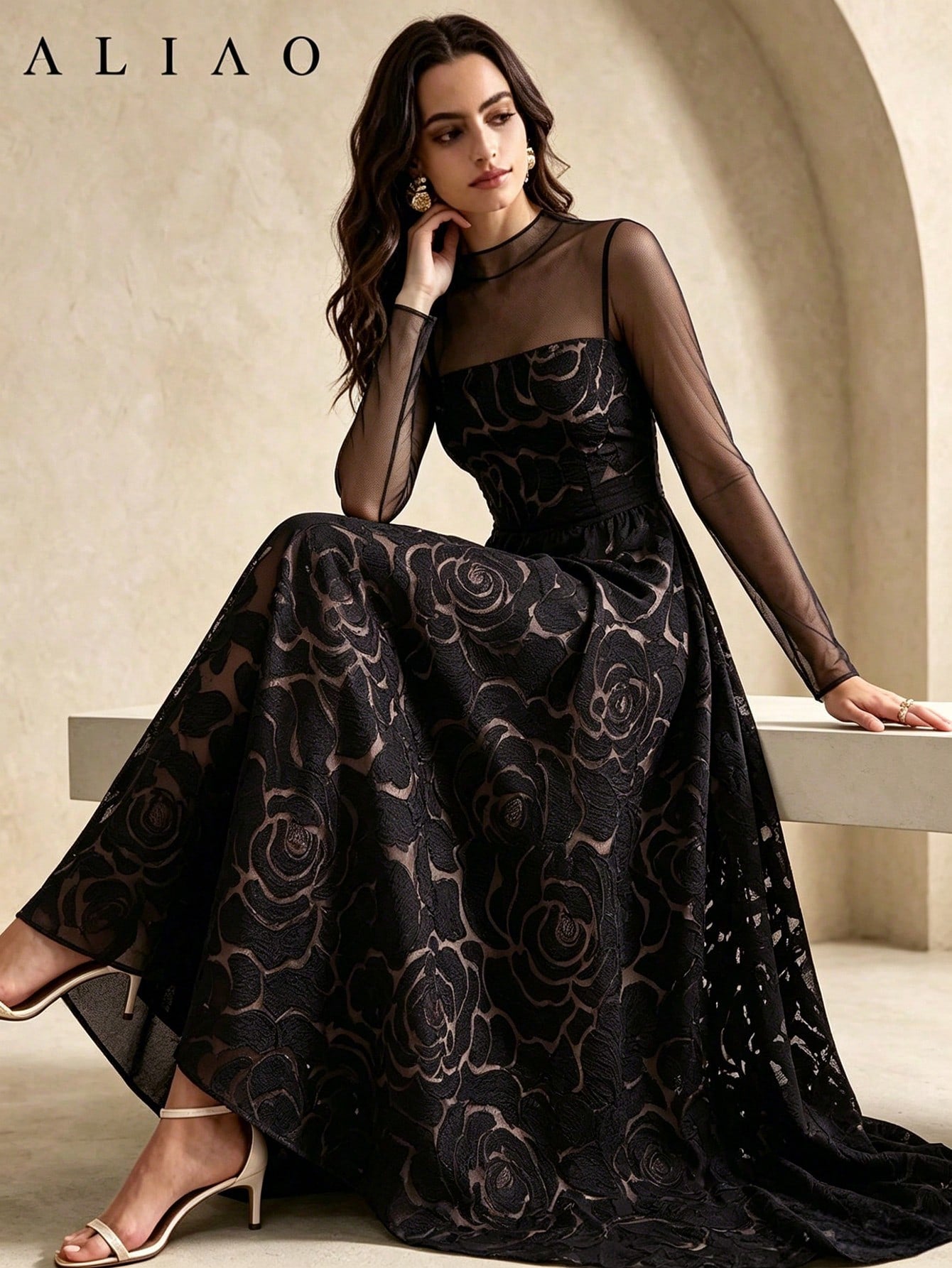 ALIAO Summer Elegant Jacquard Patchwork Tulle Long Sleeve Dress, Vintage Palace Style Dress Black