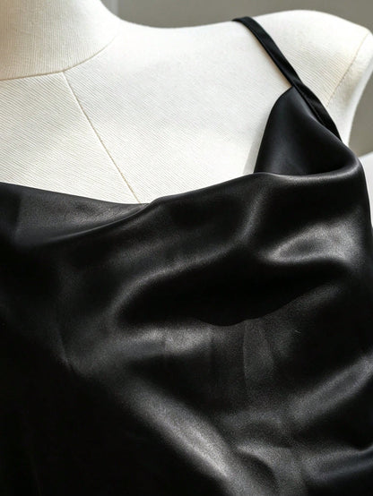 Allurite Women's Black Satin Cowl Neck Adjustable Spaghetti Strap Bodycon Mini Dress,Summer 70s Holiday Party Evening Sunset Beach Elegant Y2K Slip Cocktail