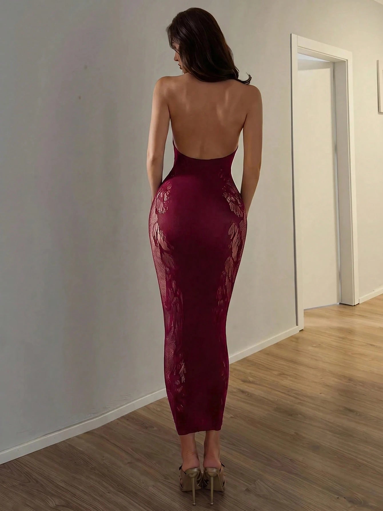 Allurite Women's Elegant Halter Neck Dress, High Elasticity Knit Fabric, Floral Hollow Design, Women's Wedding Guest Dress