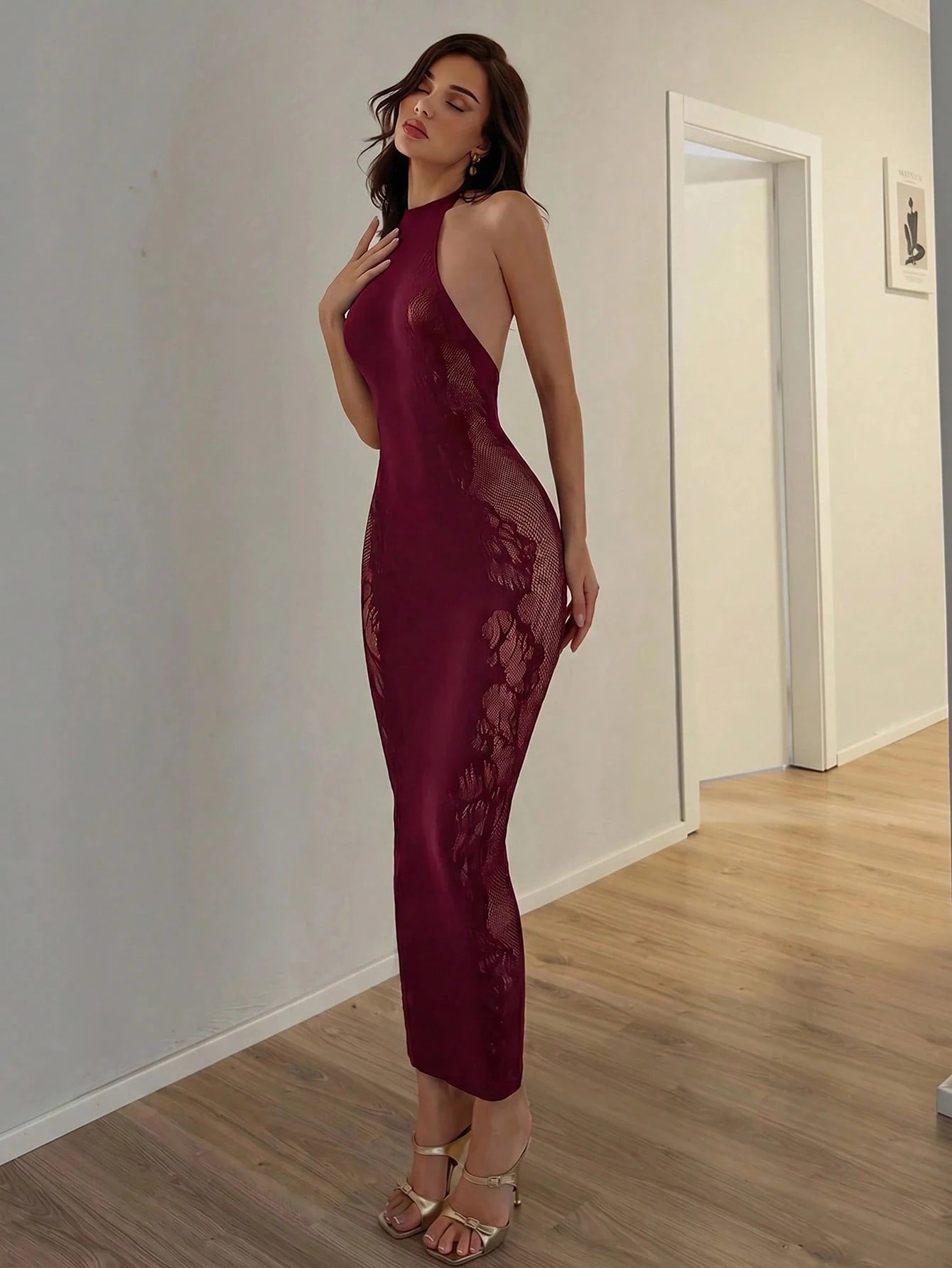 Allurite Women's Elegant Halter Neck Dress, High Elasticity Knit Fabric, Floral Hollow Design, Women's Wedding Guest Dress