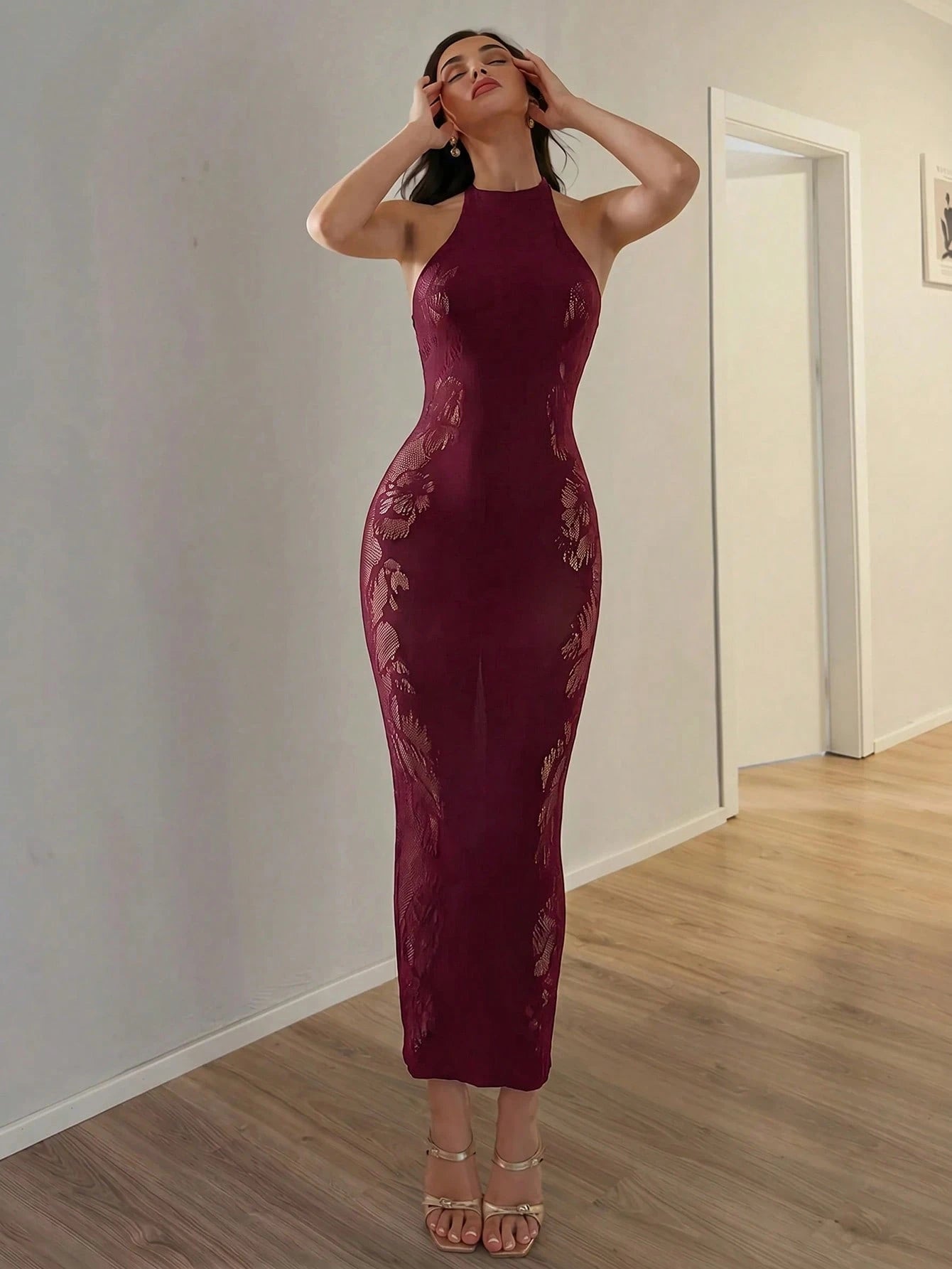 Allurite Women's Elegant Halter Neck Dress, High Elasticity Knit Fabric, Floral Hollow Design, Women's Wedding Guest Dress
