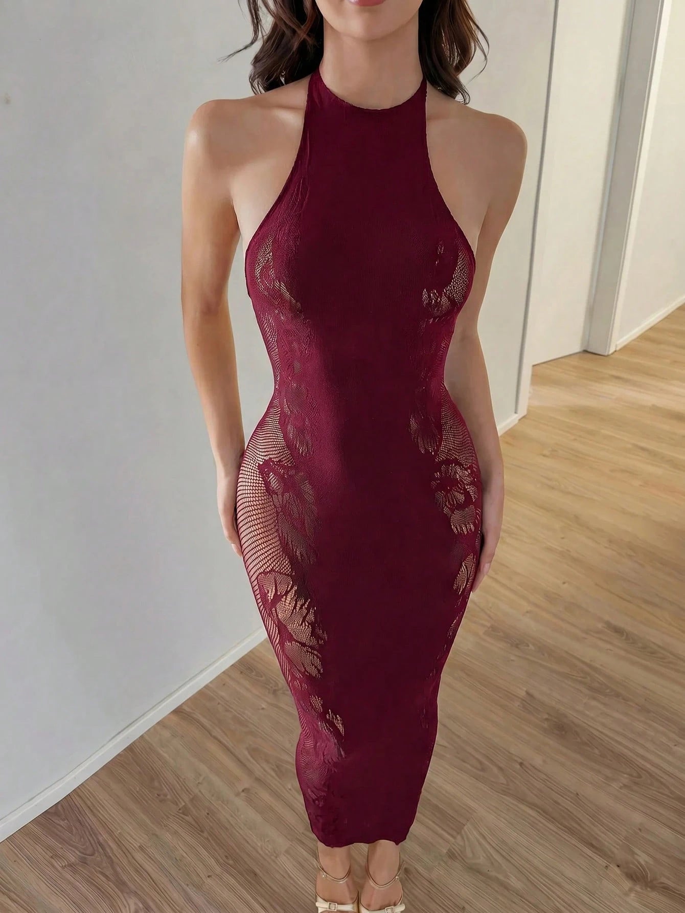 Allurite Women's Elegant Halter Neck Dress, High Elasticity Knit Fabric, Floral Hollow Design, Women's Wedding Guest Dress