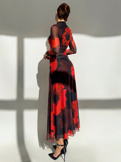 Aloruh Autumn Black Floral Floral Mesh Print Long-Sleeved Fitted Dress,Black And,Elegant Sexy,Party,Vacation,Date Night,Holiday,Music Festival, Wear