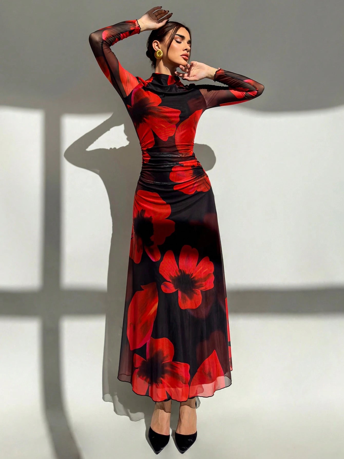 Aloruh Autumn Black Floral Floral Mesh Print Long-Sleeved Fitted Dress,Black And,Elegant Sexy,Party,Vacation,Date Night,Holiday,Music Festival, Wear