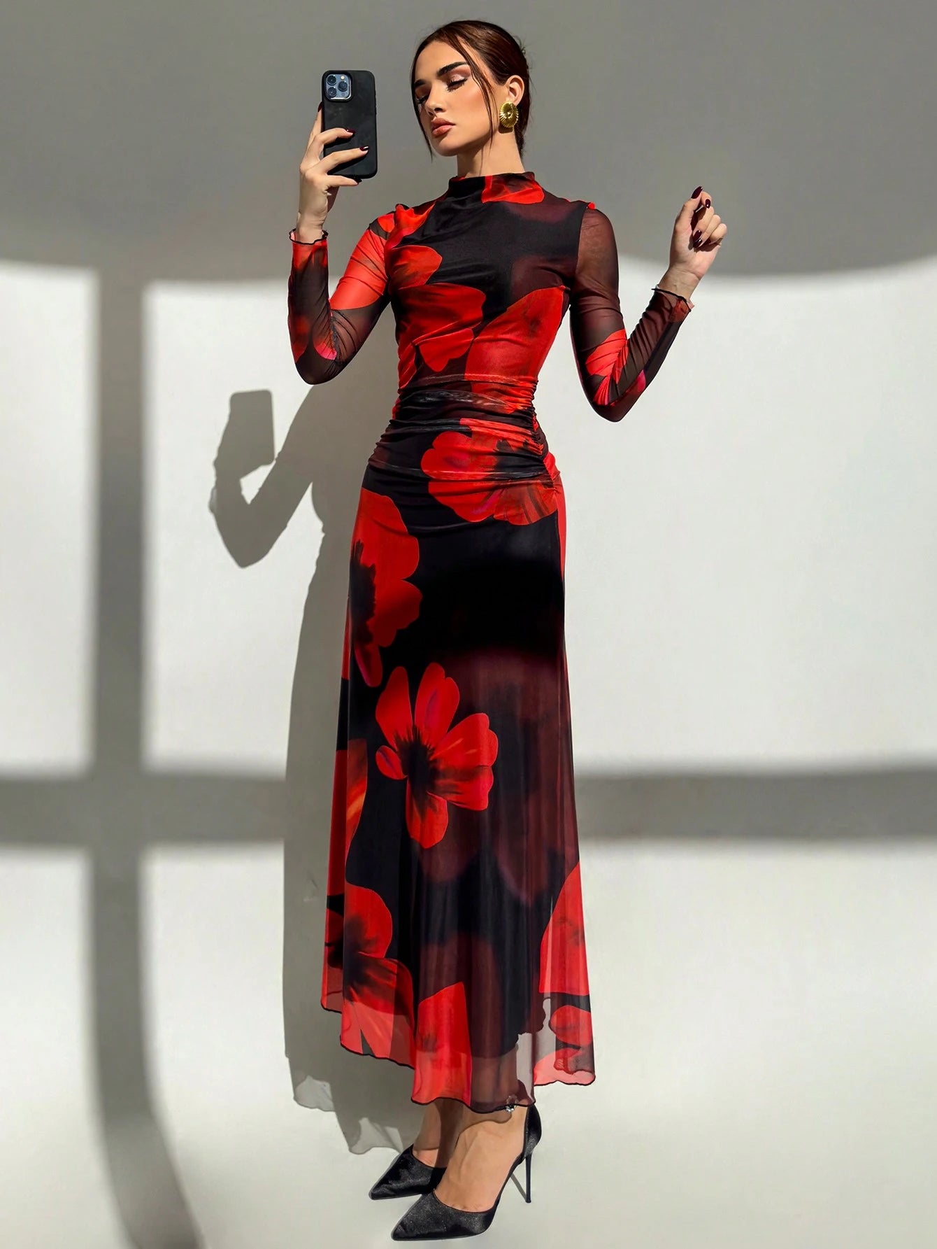 Aloruh Autumn Black Floral Floral Mesh Print Long-Sleeved Fitted Dress,Black And,Elegant Sexy,Party,Vacation,Date Night,Holiday,Music Festival, Wear