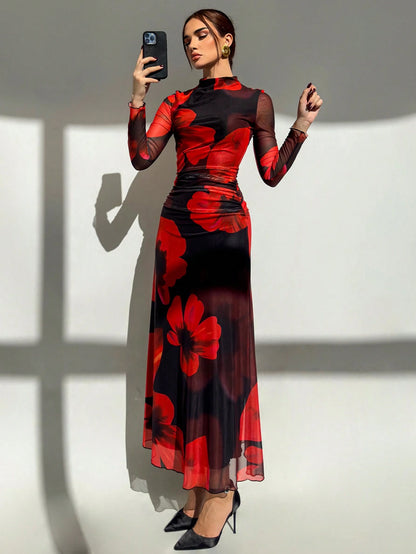 Aloruh Autumn Black Floral Floral Mesh Print Long-Sleeved Fitted Dress,Black And,Elegant Sexy,Party,Vacation,Date Night,Holiday,Music Festival, Wear