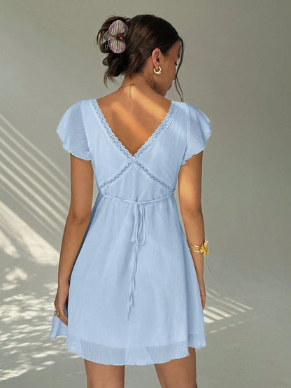 Aloruh Elegant Charming Ruffle Sleeve A-Line Deep V-Neck Backless Mini Dress For Women Summer Outfits Clothes Holiday Floral Vacation Beach Sky Blue