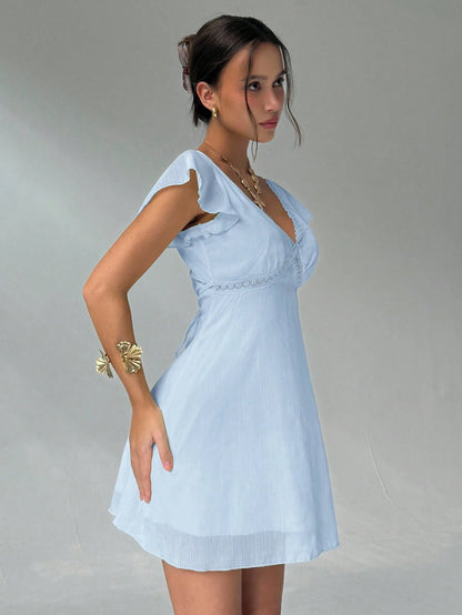 Aloruh Elegant Charming Ruffle Sleeve A-Line Deep V-Neck Backless Mini Dress For Women Summer Outfits Clothes Holiday Floral Vacation Beach Sky Blue