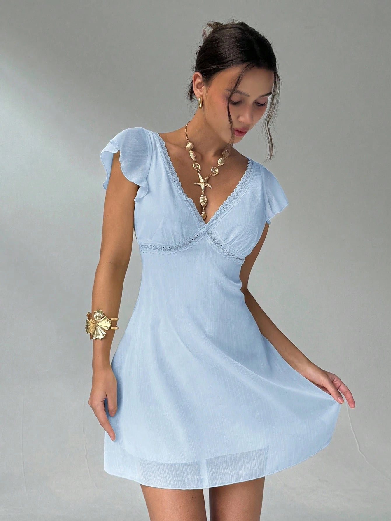 Aloruh Elegant Charming Ruffle Sleeve A-Line Deep V-Neck Backless Mini Dress For Women Summer Outfits Clothes Holiday Floral Vacation Beach Sky Blue